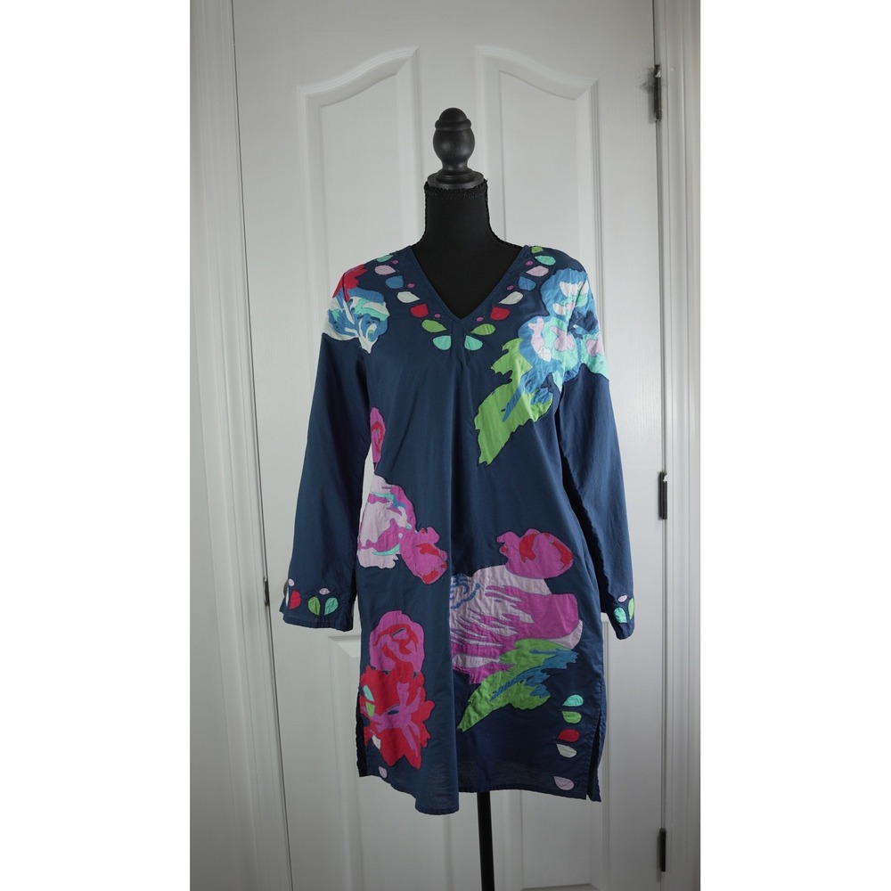 Frances Valentine Navy Cotton Floral Applique V-Neck Tunic Dress Small